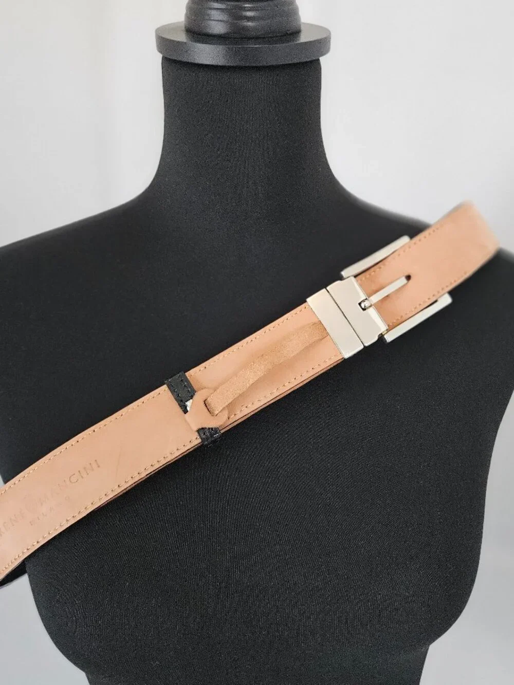 Rene Mancini Milano Italy Men Black Leather belt size 5/115 camel inside